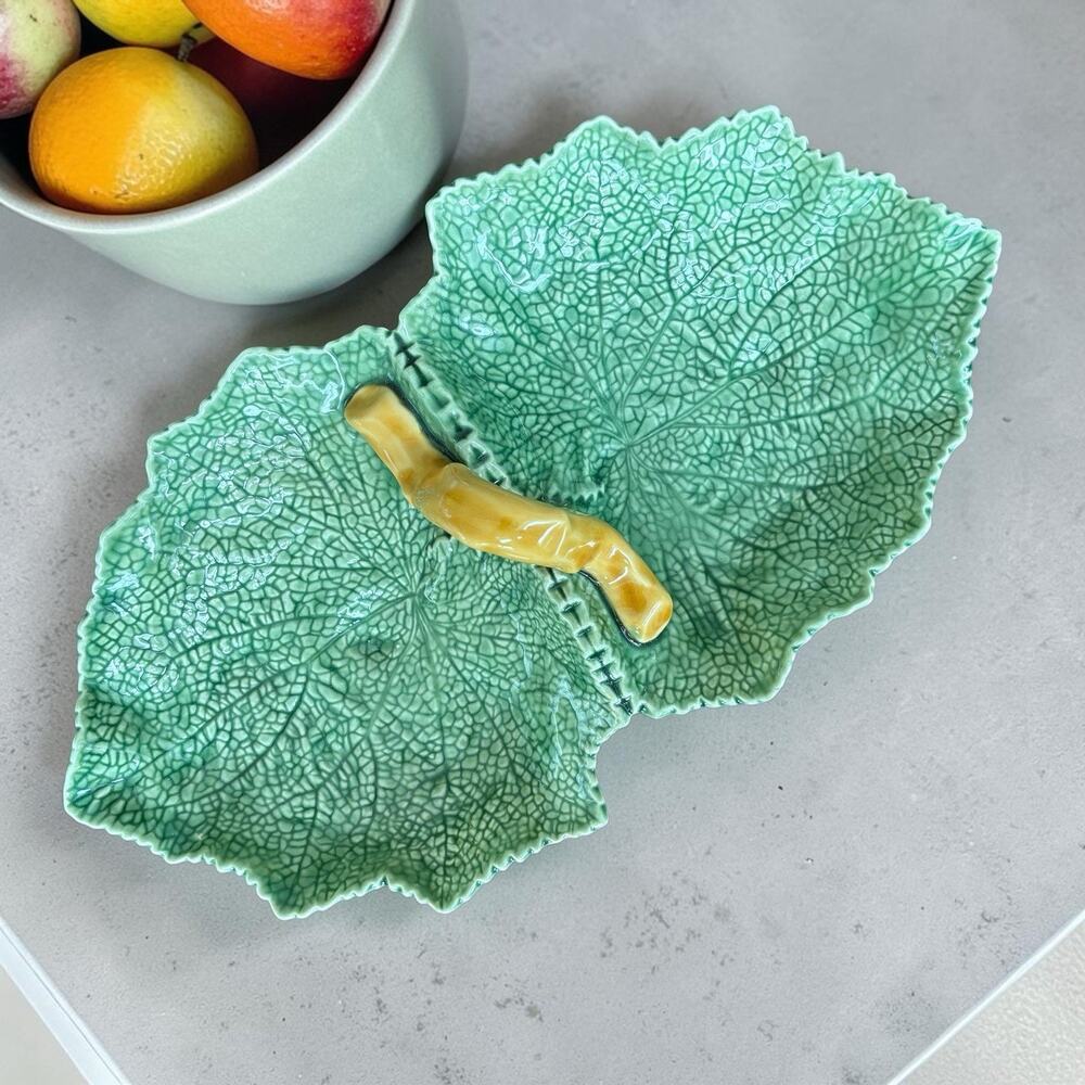 Bordallo Pinheiro Cabbage Leaf Double Dish Portugal Green Majolica Serving Tray